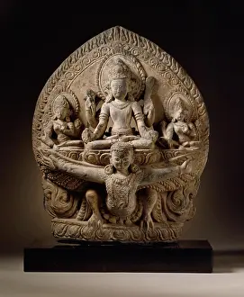 Nepal Prints: The Hindu God Vishnu on His Mount Garuda. Nepal, 14th century. Sculpture. Stone