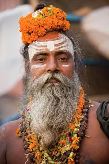 Uttar Pradesh Prints: Hindu Sadhu (holy man) on the Hindu Ghats in Varanasi in the Uttar Pradesh region of India