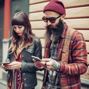 Cellphone Prints: hipster couple looking at smartphone on sidewalk, Ai Generative