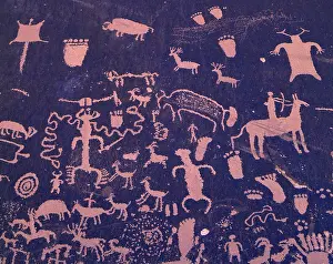 Anthropology Prints: Historic Late Ute Indian Style petroglyphs including bow-legged figure with chaps and quirt