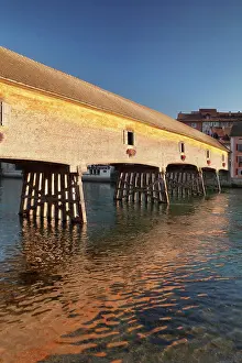 Historic wooden bridge over the Rhine River, Diessenhofen, Canton Schaffhausen, Switzerland, Europe