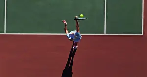 Serve Prints: Hit, serve and woman on outdoor tennis court with challenge