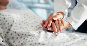 Advice Prints: Holding hands, doctor and ill person in hospital bed for healthcare service
