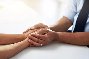 Doctors Prints: Holding hands, psychologist and patient for comfort