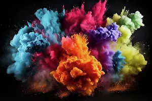 Holi Prints: Holi background, vibrant and colorful powder smoke explosion on black background