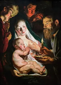 Midadult Men Prints: Holy Family with Shepherds by Jacob Jordaens; Oil on canvas; transferred from wood; 1616