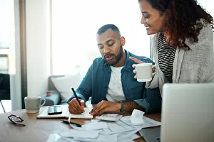 Paperwork Prints: Home, budget and couple with notebook