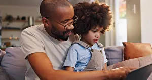 Conversation Prints: Home, dad and kid on tablet for ebook