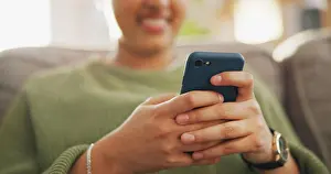 Texting Prints: Home phone, hands typing and woman relax