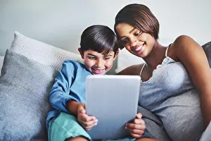 Video Prints: Home, pregnant woman and child with tablet for movies