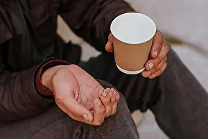 Tableware Prints: Homeless man holding hand out help empty cup