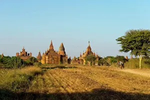 Burma Prints: A horse carriage is coming from a small Buddhist temple complex in Bagan, Myanmar