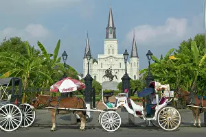 Historic District Prints: Horse Carriage and tourists in front of Andrew Jackson Statue & St
