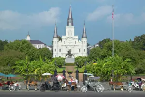 Historic District Prints: Horse Carriage and tourists in front of Andrew Jackson Statue & St