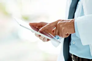Doctors Prints: Hospital, clinic and hands of doctor on tablet for medical website
