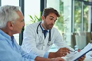 Advice Prints: Hospital, doctor and men with clipboard in consultation for health insurance
