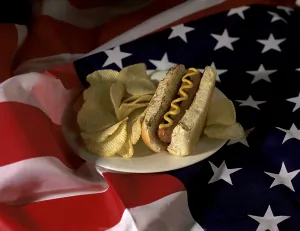 Crisps Prints: Hot dog with potato chips on an American flag