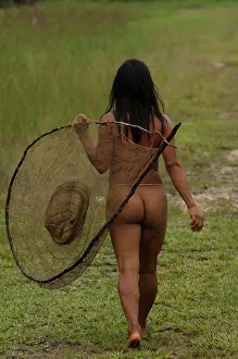 Ecuador Prints: Huaorani women, Ewa Kemperi carrying her fishing net