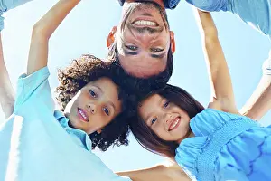Solidarity Prints: Hug, blue sky portrait and happy kids
