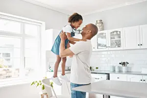 Lifting Prints: Hug, dad and girl in home for playing or bonding together and child care with single parent or love