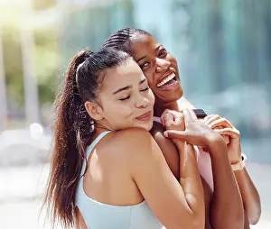 Runner Prints: Hug, fitness and friends training in the city with smile for outdoor workout together in summer