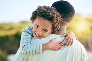 Charming Prints: Hug, happy and portrait of a father with a child in nature for love