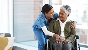 Disabled Prints: Hug, nurse with senior woman in wheelchair and talking for support