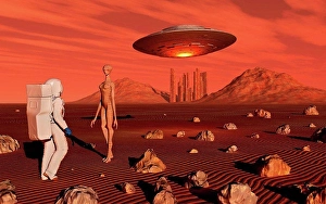 Extraterrestrial Prints: A human astronaut making contact with a reptoid alien on the surface of Mars
