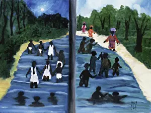 Large Group Of People Prints: Ibo Landing to Africa 1993 Anna Belle Lee Washington (1924-2000/American) Oil on Canvas Collection of the Artist