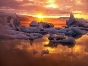 Forms Prints: Icebergs floating in Jokulsarlon glacier lagoon lake at sunset