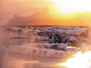 Forms Prints: Icebergs floating in Jokulsarlon glacier lagoon lake at sunset