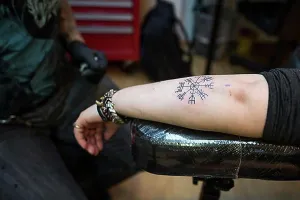 Inscription Prints: Icelandic magic mark, Rune, tattoo studio, Reykjavik, Iceland, Europe