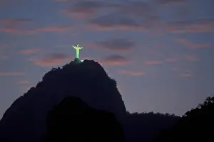 Brazilian Prints: Illuminated Christ the Redeemer statue on Corcovado mountain at night