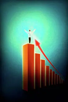 Graph Prints: Illustration of businessman standing on bar graph