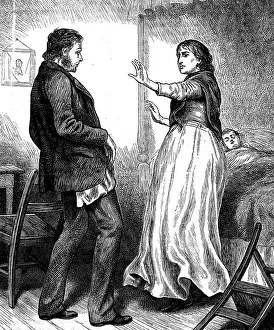 Father Prints: Illustration depicting a mother shielding her child from the angry drunk father