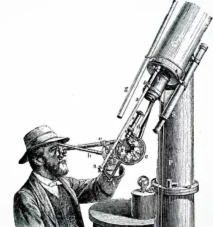 Prism Prints: Illustration depicting Norman Lockyer observing the solar spectrum through multiple-prism spectroscope fitted to a