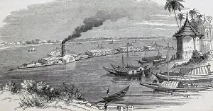 Trains Prints: Illustration depicting a river steam-train. Dated 19th Century