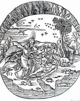 Mathematics Prints: Illustration depicting Thales of Miletus concept of a flat earth floating above water