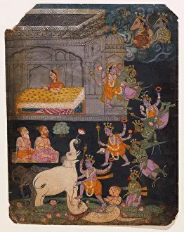 Monarchy Prints: Illustration to a Gajendra Moksha series depicting Vishnu rescuing the elephant king