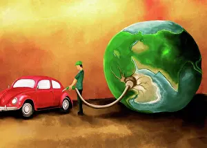 Global Prints: Illustration of man refuelling car