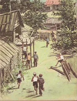 Private Collection Prints: Illustration to the short novel 'Timur and His Squad' by Arkady Gaidar