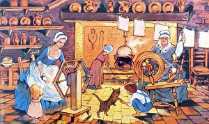 Weaving Prints: Illustration showing cottage industry scene