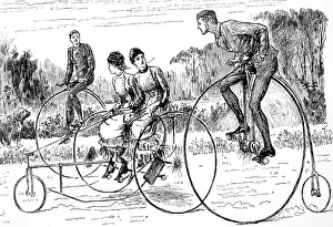 Courting Prints: Illustration showing two courting couples using the Penny Farthing Bicycle 1882