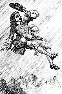 Lifting Prints: Illustration showing Cyrano de Bergerac flying using lifting energy provided by bottles of dew