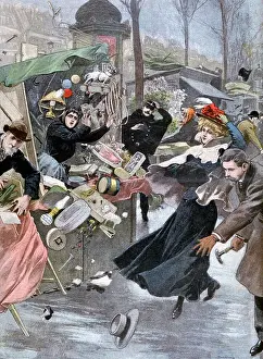 Street Scene Prints: Illustration showing a Paris street scene during windy weather 1900