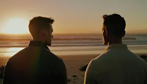 Solidarity Prints: Image AI. Image of two gay men on the beach looking at the sea