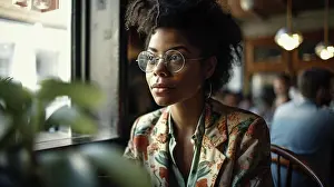 Springtime Prints: Image Generated AI. Afro woman looking through the window at caf©