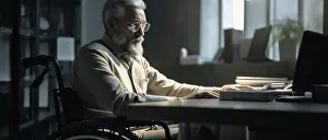 Disability Prints: Image Generated AI. Disabled mid age businessman working on lap top