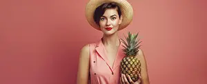 Pink Prints: Image Generated AI. Woman on spring/summer clothes holding a pineappel