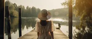 Springtime Prints: Image Generated AI. Woman standing on a small dock at a lake
